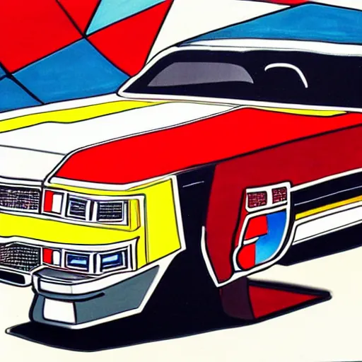 Prompt: a Cadillac , in the style of Piet Mondrian