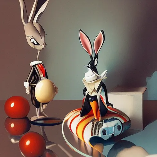 Image similar to salvador dali cosplay bugs bunny, nendroid, art by wgreg rutkowski. during golden hour. extremely detailed.