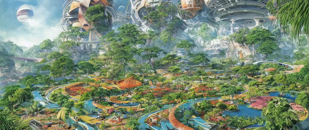 Prompt: A beautiful illustration of a domed retro futuristic garden city built across a massive river canyon on a tropical world by Robert McCall | sparth:.2 | Time white:.2 | Rodney Matthews:.2 | Graphic Novel, Visual Novel, Colored Pencil, Comic Book:.2 | unreal engine:.6 | first person perspective:.6 | establishing shot:.7