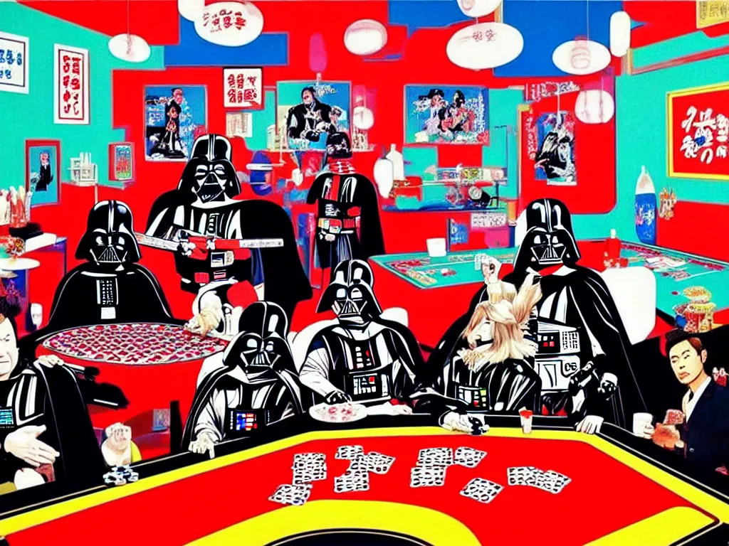 Image similar to hyper - realistic composition of a room with an extremely detailed poker table, croupier in traditional japanese kimono standing nearby, darth vader sitting at the table, fireworks in the background, pop art style, jackie tsai style, andy warhol style, acrylic on canvas