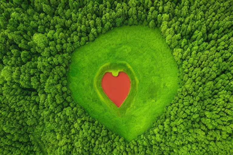 Image similar to a gigantic lake with a detailed heart shape in the middle of a green forest, aerial photography by yann arthus bertrand