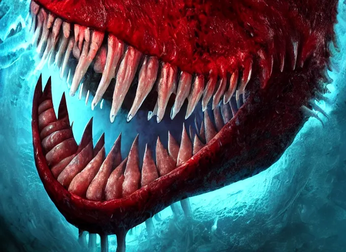 Image similar to a giant slimy creepy monster, very long slimy tongue, saliva, mouth inside a mouth, many long wet tongues, translucent skin, fangs, red glowing veins, thin blue arteries, cinematic colors, standing in shallow water, insanely detailed 8 k artistic photography, dramatic lighting