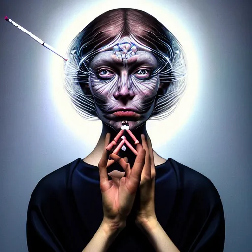 Image similar to Colour Caravaggio style Photography of Beautiful woman with highly detailed 1000 years old face wearing higly detailed sci-fi halo above head designed by Josan Gonzalez. Woman holding cigarette in between fingers , Many details . In style of Josan Gonzalez and Mike Winkelmann andgreg rutkowski and alphonse muchaand Caspar David Friedrich and Stephen Hickman and James Gurney and Hiromasa Ogura. volumetric natural light