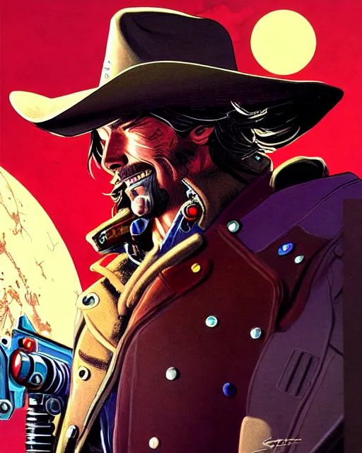 Image similar to mccree from overwatch, cyber space cowboy, character portrait, portrait, close up, concept art, intricate details, highly detailed, vintage sci - fi poster, retro future, vintage sci - fi art, in the style of chris foss, rodger dean, moebius, michael whelan, and gustave dore
