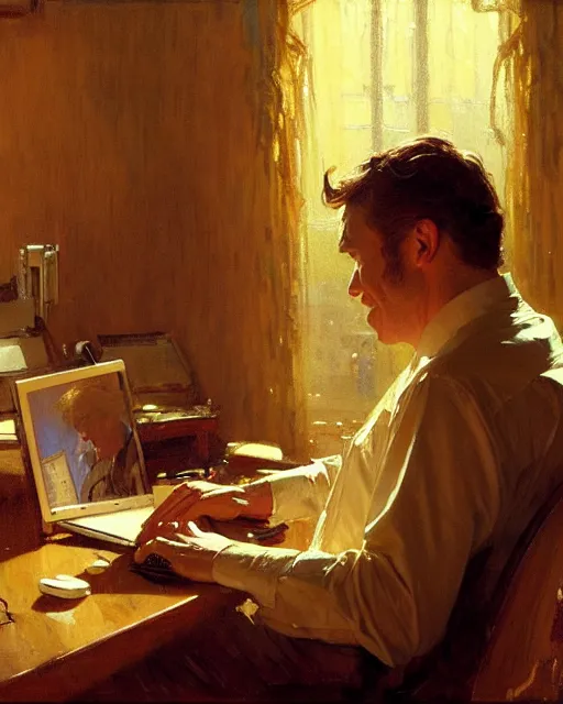 Image similar to attractive 4 5 year old man typing away at his desktop computer, watching the screen gleefully, golden hour painting by gaston bussiere, craig mullins, j. c. leyendecker