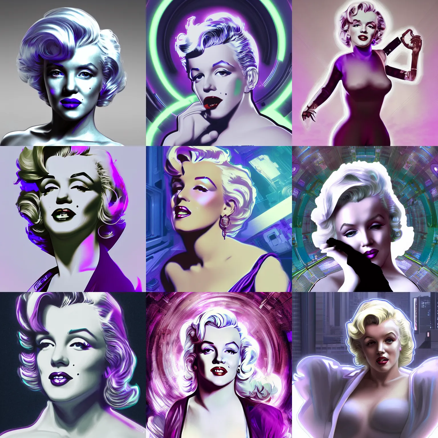 Prompt: marilyn monroe dressed as a sc - fi - hacker, white and purple, as seen on artgerm, octane render, in the style of alphonse mucha, ultra realistic, highly detailed, 8 k