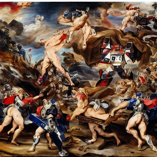 Image similar to peter paul rubens as consequences of wars with mecha gundam invited, random content position, delete duplicate content, photorealistic details content, incrinate, masterpiece, ultra detailed human anatomy structures.
