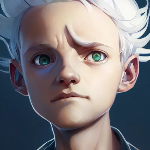 Image similar to Portrait of Ray from the promised neverland, white hair ,highly detailed, digital painting, artstation, concept art, sharp focus, illustration, art by greg rutkowski and alphonse mucha