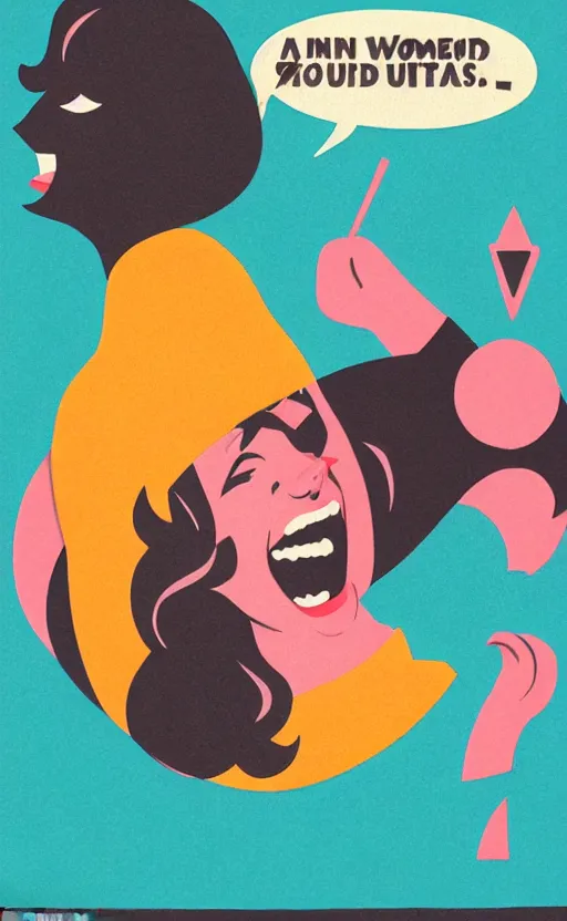 Image similar to illustration with a woman laughing out loud, standup, comedy, joke, an art deco painting by tom whalen, funny meme photo, trending on behance, art deco, digital illustration, storybook illustration, grainy texture, flat shading, vector art, airbrush, pastel, watercolor, poster