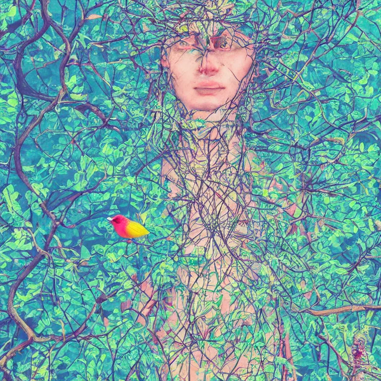 Image similar to human with the sea and the forest inside, veins diverge through the body like rivers filmed on a satellite, a person is decorated with wild berries, a beautiful bird is looking at him next, colorful picture