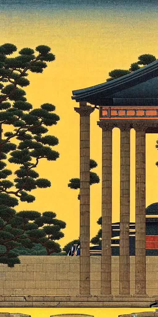 Image similar to a beautiful ancient greek bathhouse at sunset by hasui kawase