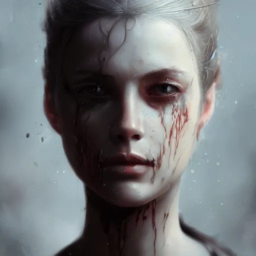 Image similar to portrait of a woman, sad, cry, gloomy, bloody, intricate, elegant, highly detailed, digital painting, artstation, concept art, matte, sharp focus, illustration, octane render, unreal engine, art by aenaluck and roberto ferri and greg rutkowski, epic fantasy, digital painting