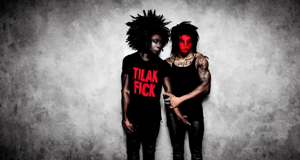 Image similar to a gay black emo couple, muscular, black and red, myspace, style of my chemical romance album cover helena, grunge, evanescence vibe