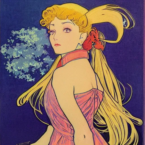 Prompt: the sailor moon. beautiful, soviet realism painting by mucha and kuvshinov