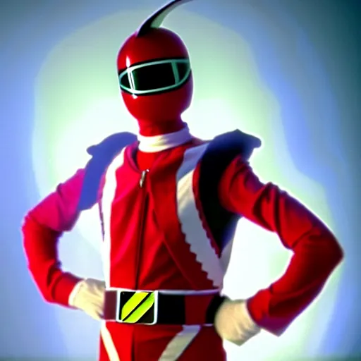 Image similar to mr. bean as powerranger. movie still. cinematic lighting.