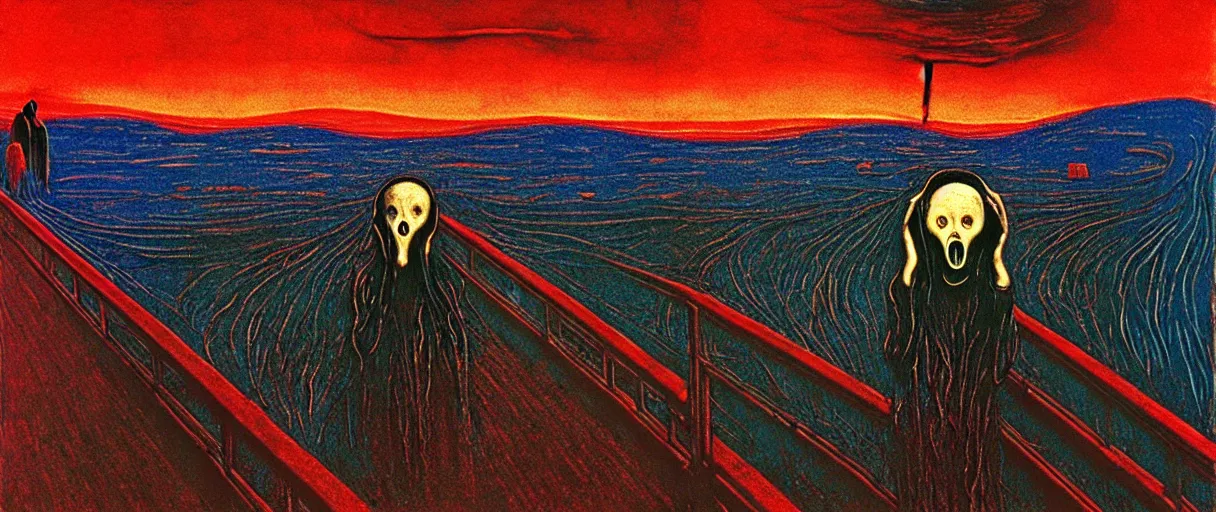 Prompt: the scream by zdzislaw beksinski, only single person in scene, gothic, surrealism, vibrant colors