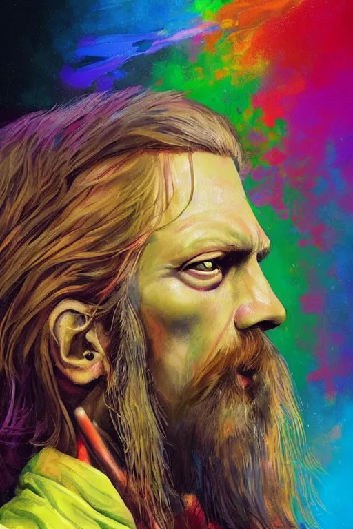 Image similar to a professional painting of Duane Allman, in brightly colored psychedelic shirt, long hair, beautiful bone structure, symmetrical facial features, intricate, elegant, digital painting, concept art, smooth, sharp focus, illustration, from StarCraft by Ruan Jia and Mandy Jurgens and Artgerm and William-Adolphe Bouguerea, epic, stunning, gorgeous, intricate detail, much wow, 4K, masterpiece, trending on artstation