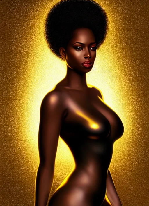 Prompt: a gorgeous black woman oil painting, soft lighting, wearing shiny gold catsuit, illuminated only by floating, glowing alien symbols, realistic, smooth face, perfect eyes, wide angle, sharp focus on eyes, 8 k high definition, insanely detailed, intricate, elegant, art by artgerm, livia prima and wlop