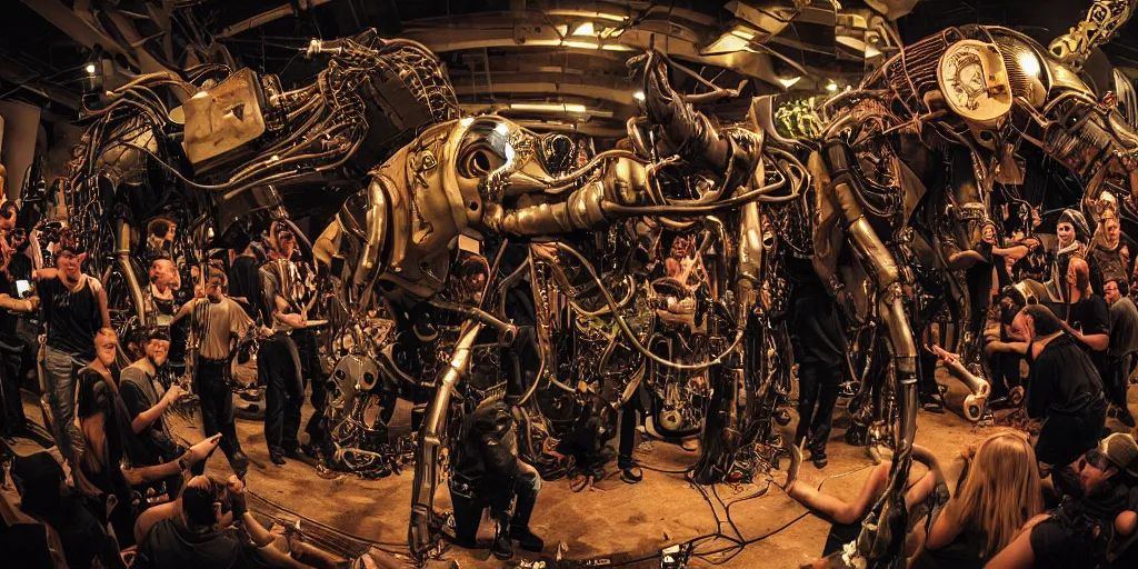 Image similar to a crowd of elephants and lizards robots playing steampunk futuristic instruments in a grindcore show