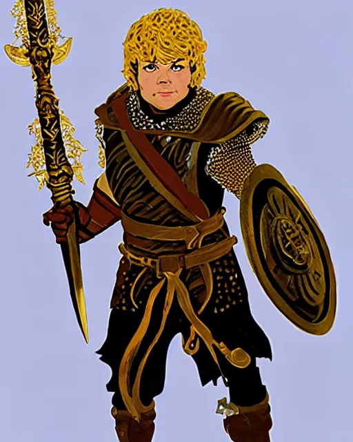 Image similar to beverly toegold the fift, epic level dnd male halfling nature verdant paladin, wielding the golden holy avenger sword, wearing magical gleaming chainmail armor. full character concept art, realistic, high detail digital gouache painting by angus mcbride and michael whelan and jeffrey jones