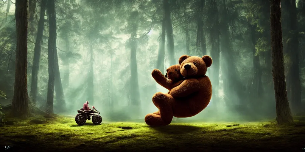 Image similar to a giant ant is riding a giant teddy bear in a forest, moody, cinematic light, matte painting, concept art, highly detailed, 8k