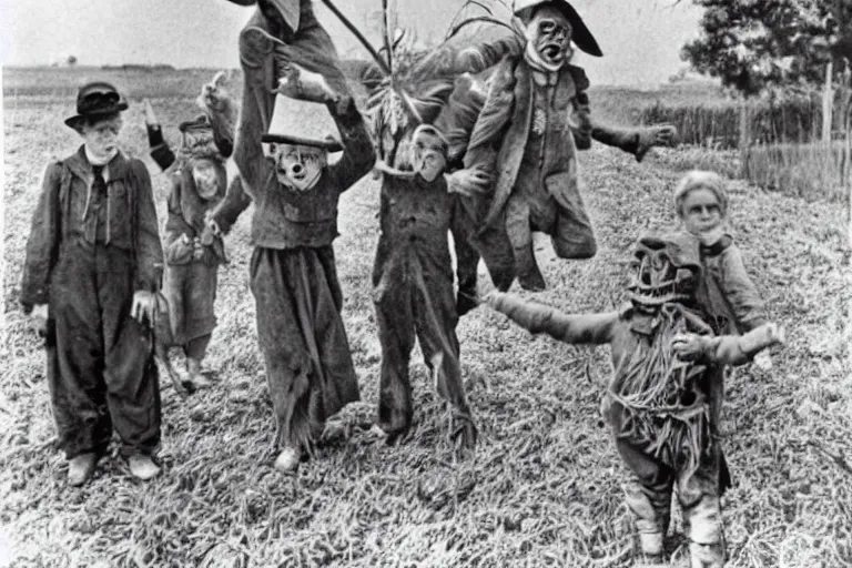 Image similar to disturbing scarecrow from the early 1 9 0 0's leading innocent children into the cornfields