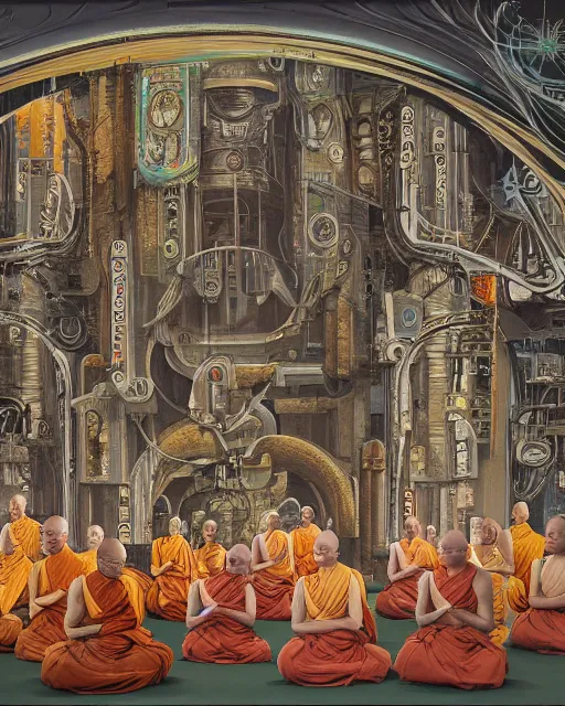 Prompt: a painting of cyborg buddhist monks sitting in circle praying to a big intricate machine, matte painting, highly detailed, sci-fi, cyberpunk art
