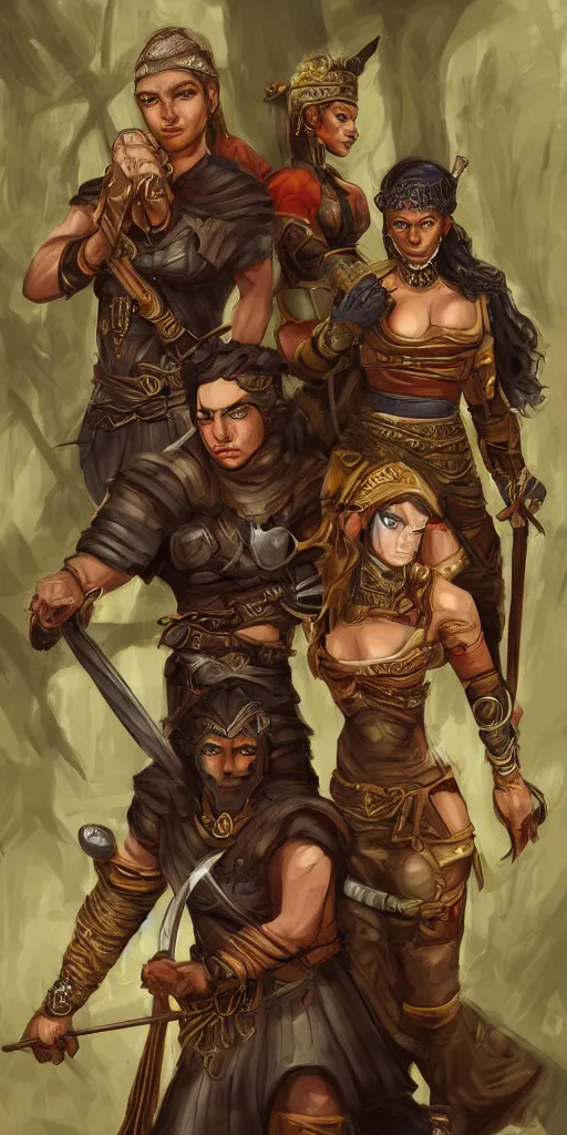 Image similar to female thief and a large young male warrior, and a young female african warrior, d & d, fantasy, portrait, in travis charestart style