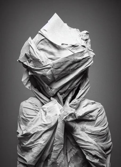 Prompt: a hyper realistic ultra realistic photograph of a man transmogrifying into crumpled paper, top secret, highly detailed, 8k photo