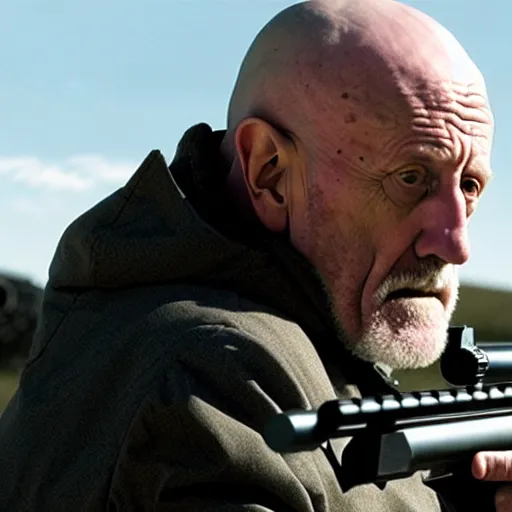 Image similar to Film Still of Mike Ehrmantraut aiming a sniper rifle in a new Breaking bad movie, 8k, highly detailed, centered