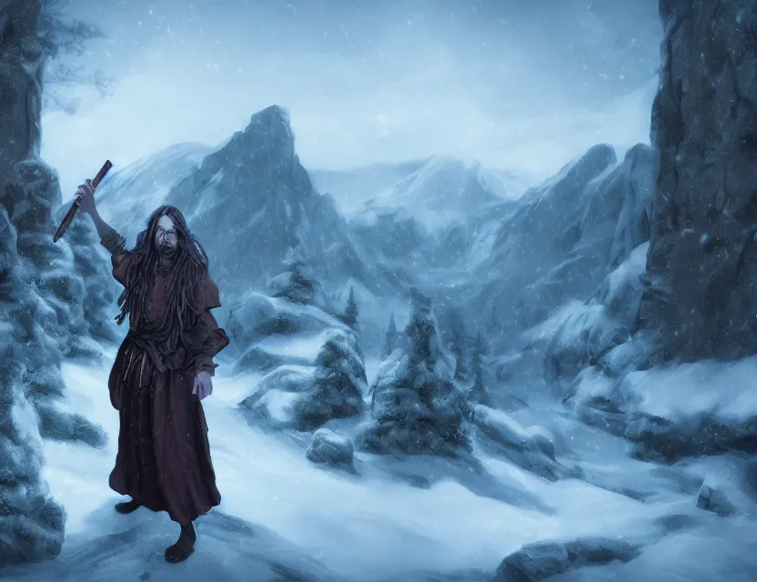 Prompt: ravenfolk alchemist in the snowy mountains. muted complementary colors, indie concept art, luminescent, 4 k, chiaroscuro, rimlight.