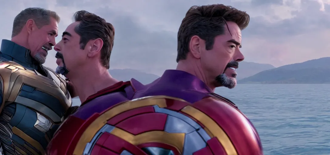 Image similar to a very high resolution image from a new movie. thanos kissing tony stark while capitan america watches on a lake, photorealistic, photography, directed by wes anderson