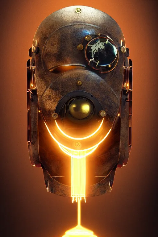 Image similar to steampunk mask minimalist fantasy art robot ninja helmet, global illumination ray tracing hdr fanart arstation by sung choi and eric pfeiffer and gabriel garza and casper konefal radiating a glowing aura