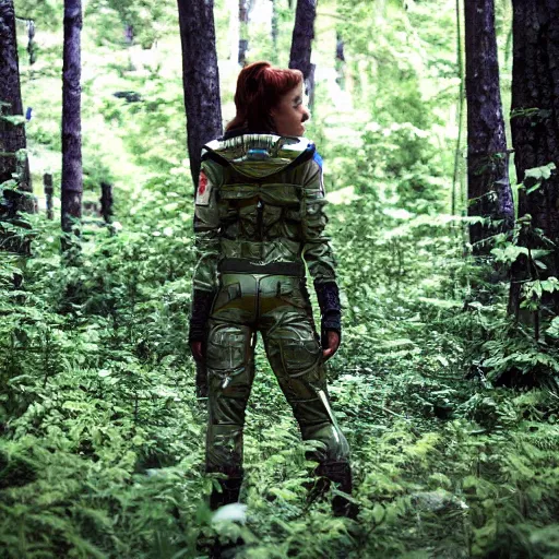 Image similar to a female space scout wearing a camo uniform with white armor exploring a forest planet