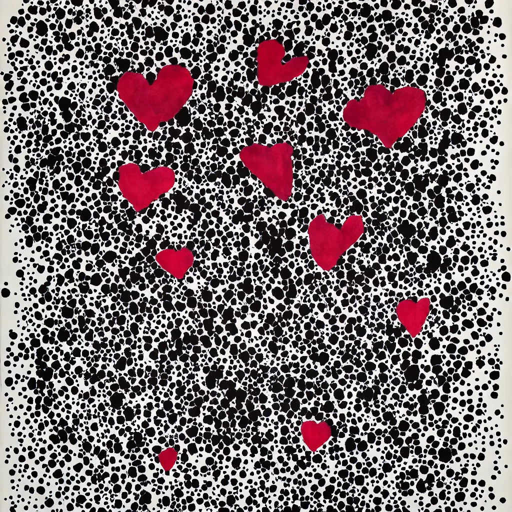 Image similar to camo made of hearts, smiling, abstract, rei kawakubo artwork, cryptic, dots, stipple, lines, splotch, color tearing, pitch bending, color splotches, dark, ominous, eerie, minimal, points, technical, old painting