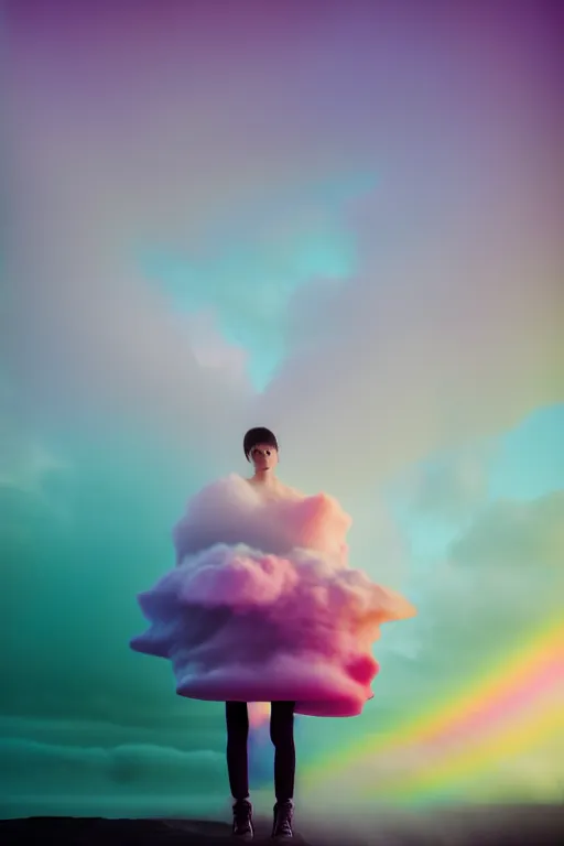 Image similar to high quality pastel coloured film close up wide angle photograph of a model wearing clothing resting on cloud furniture in a icelandic black rock!! environment in a partially haze filled dreamstate world. three point light, rainbow. photographic production. art directed. pastel colours. volumetric clouds. pastel gradient overlay. waves glitch artefacts. extreme facial clarity. 8 k. filmic.