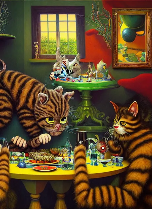 Prompt: hyper detailed 3d render, Oil painting, a cat dinner party - where the wild things are by Jacek Yerka, Mariusz Lewandowski, Houdini algorithmic generative render, Abstract brush strokes, Masterpiece, Edward Hopper and James Gilleard, Zdzislaw Beksinski, Mark Ryden, Wolfgang Lettl, hints of Yayoi Kasuma, octane render, 8k