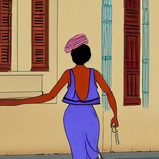 Prompt: illustration of a beautiful cuban woman in havana full body walking down the street from behind