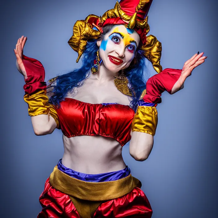 Prompt: full body photo of a real - life beautiful female jester queen, 8 k, hdr, smooth, sharp focus, high resolution, award - winning photo