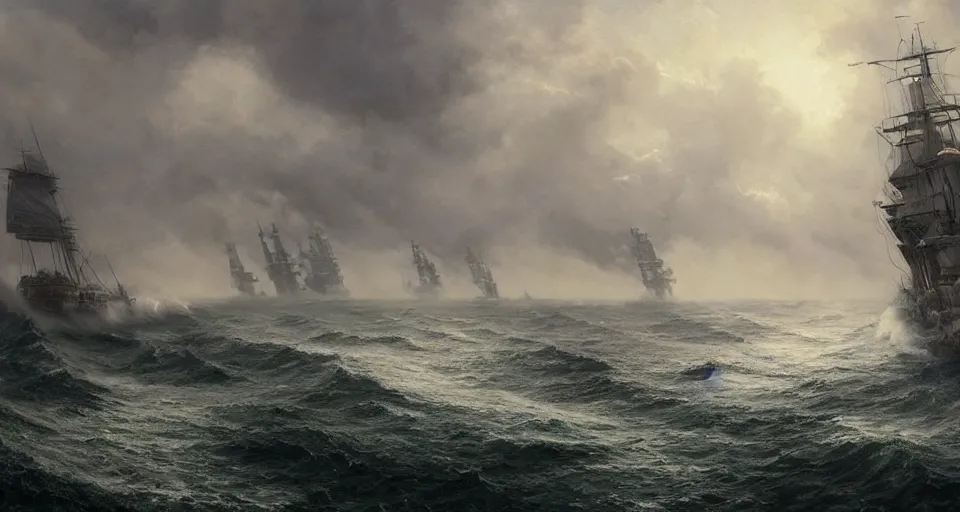 Image similar to enormous sailing battleship, raging sea foggy, dramatic, action scene, stormy background, shipfleet on the horizon, high detail, greg rutkowski, james gurney, gene wolfe, gustave dore, jesper ejsing, rhads, makoto shinkai, ilya kuvshinov