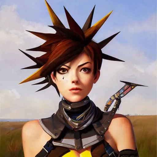 Image similar to oil painting of tracer overwatch in a field wearing spiked collar around neck, in style of peter kemp, expressive face, wearing choker with spikes, steel collar, detailed face, detailed eyes, full body, feminine face, tracer overwatch,