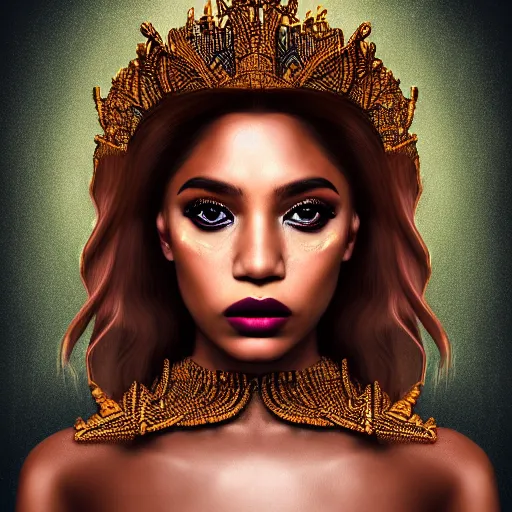 Image similar to vintage portrait of modern mermaid queen, zoom, rule of thirds, atmosphere, intricate, regal, latinas, ( brown skin ), symmetrical!!, loreal, maybelline, sephora, loreal, artstation, art by jose tapior y baro, ( ( cinematic ) ), concept art, filmic, vsco