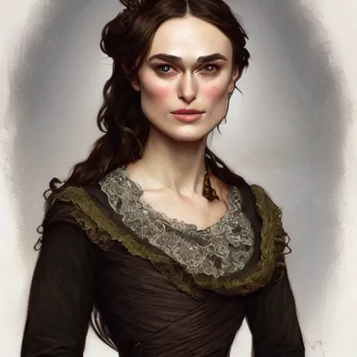 Prompt: Portrait of Keira Knightley in victorian london, elegant, digital painting, highly detailed, fantasy, artstation, concept art, smooth, sharp focus, illustration, art by artgerm and greg rutkowski and alphonse mucha