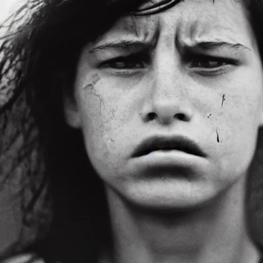 Image similar to a candid extreme closeup portrait of an expressive face of a tormented young woman by annie leibovitz