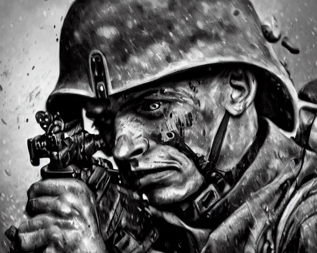 Image similar to A soldier holding a tank machine gun, face in despair, world war 1, close-up, realistic face, beautiful face detail, mature facial features, black and white, amazing digital art, hyper detailed, artstation, in the style of Tony Sart