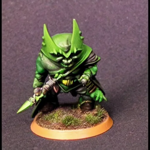 Prompt: night goblin wearing pointy hoods, warhammer fantasy, green skin