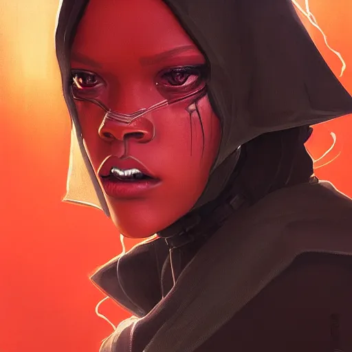 Image similar to star wars sith lord empire Rihanna profile picture by Greg Rutkowski, intricate details, futuristic, volumetric lights, streetwear, studio ghibli, Organic Painting , Matte Painting, geometric shapes, hard edges, trending on the artstation, fantasy LUT, realistic by Sachin Teng + Martin Grip + Moebius + Patrick Gleason, smooth, sharp focus, illustration, art by John Collier and Albert Aublet and Krenz Cushart and Artem Demura and Alphonse Mucha, techwear, Industrial Scifi, detailed illustration, character portrait,
