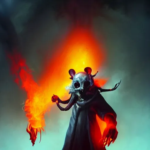 Image similar to an anthropomorphic rat with a rat skull head and glowing red eyes wearing dark robes and floating in blue smoke and holding a blue flame in each bony claw, dramatic lighting, darkness and bright blue smoke, foreboding, photorealistic, sharp focus, 8 k, artstation, artstation hq, greg rutkowski, gregory manchess