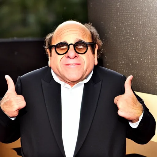 Prompt: danny devito offering you a chair shaped like an egg