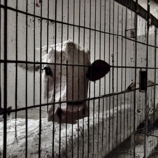 Image similar to dirty bottle of milk and a cow inside a cage, inside slaughterhouse